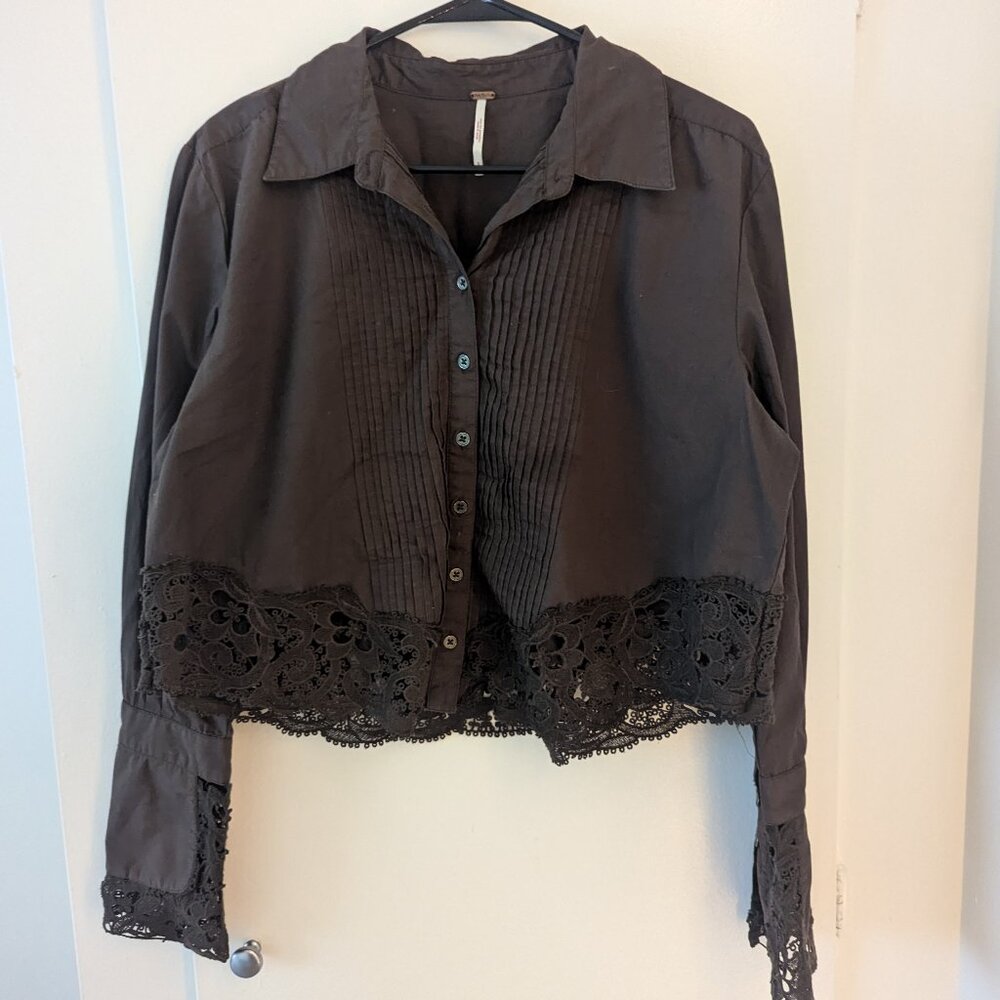 Free People Brown Shirt with Lace Detailing